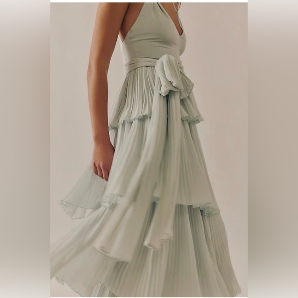 Free People Sola Maxi Dress V-Neck Strappy Back Tiered Pleated Skirt Glacier Med